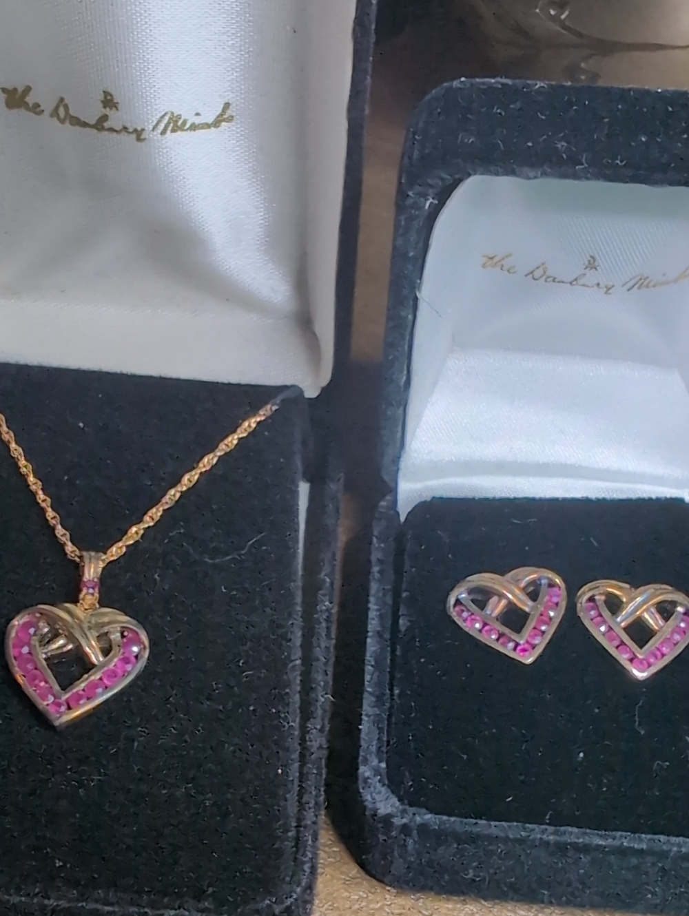 Vintage 925 14k Vermeli Gold Over Heart Necklace and Stud Earrings with Rubies
